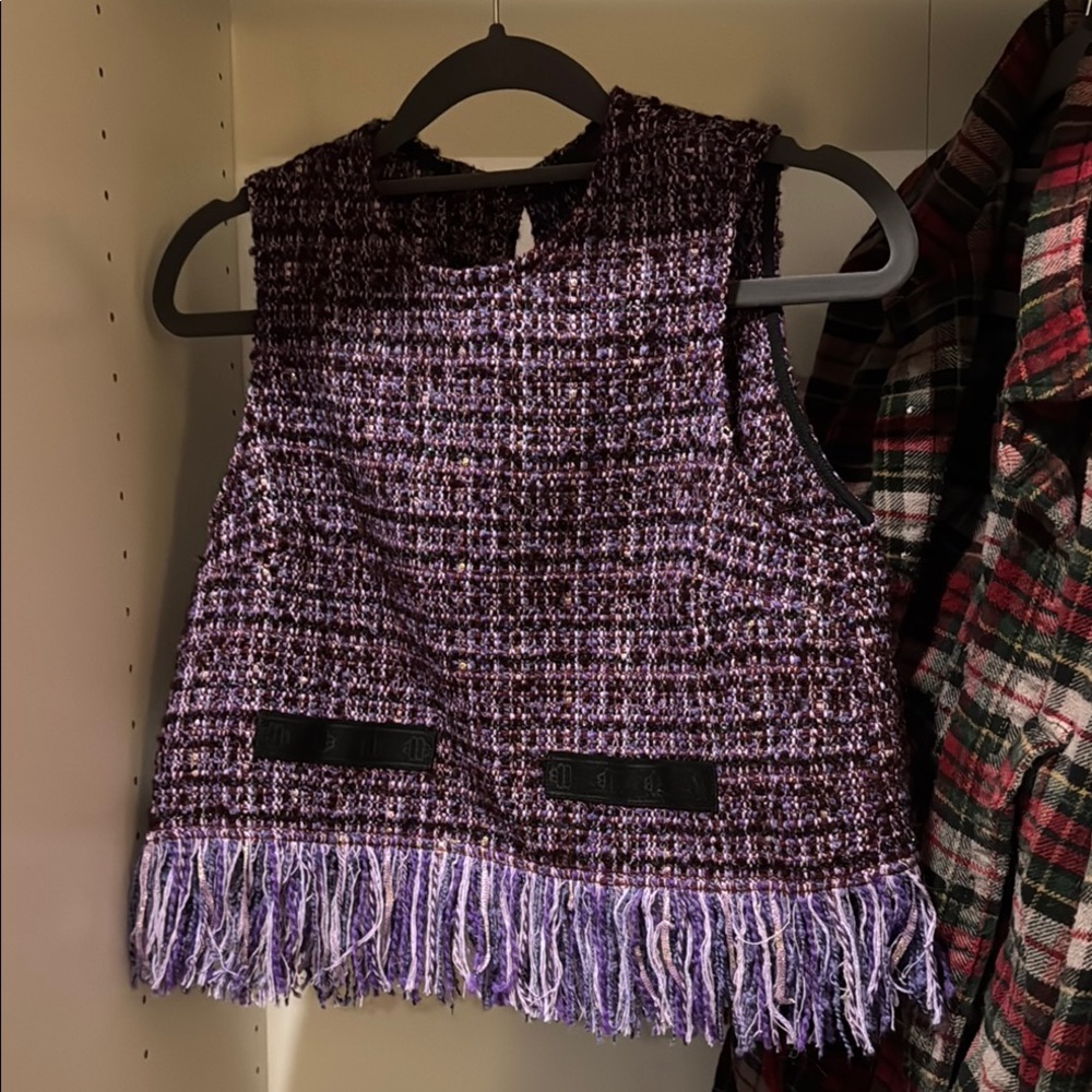Purple Tweed Fringe Crop Top Maje